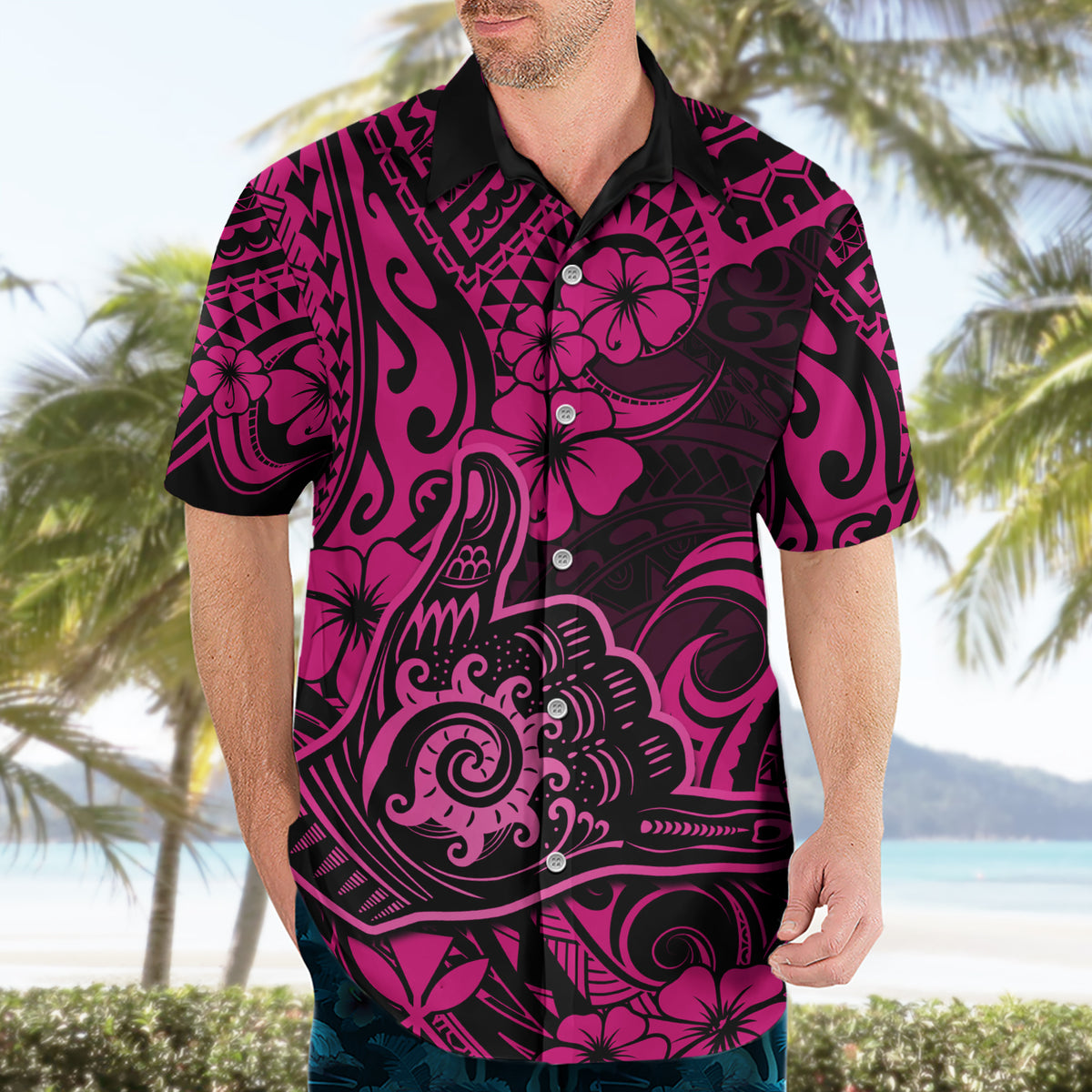 Hawaii Shaka Sign Hawaiian Shirt With Polynesian Hibiscus Pink Unique - Wonder Print Shop