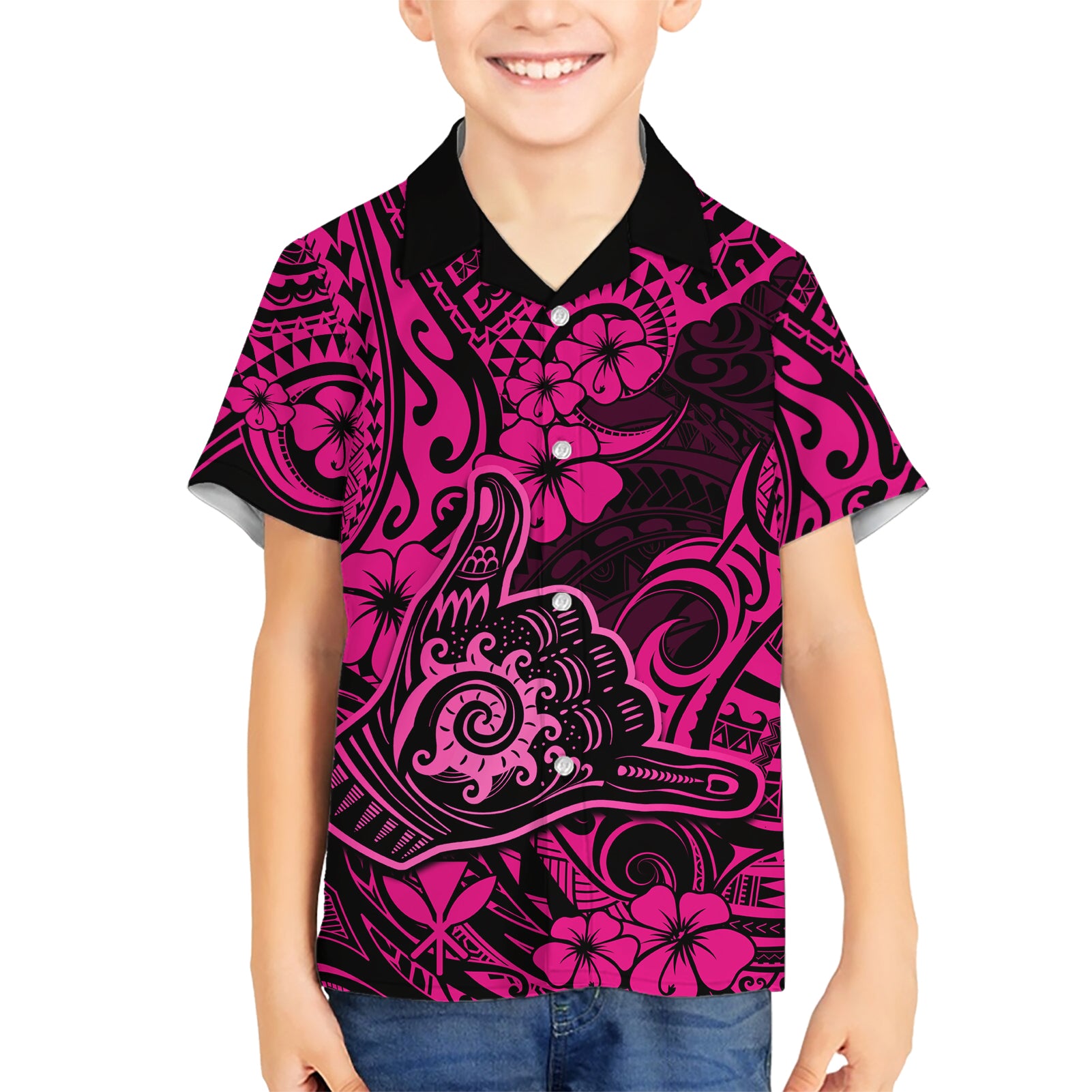 Hawaii Shaka Sign Kid Hawaiian Shirt With Polynesian Hibiscus Pink Unique - Wonder Print Shop
