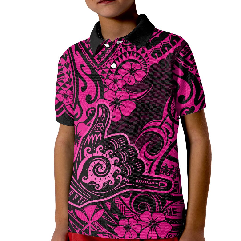 Hawaii Shaka Sign Kid Polo Shirt With Polynesian Hibiscus Pink Unique - Wonder Print Shop