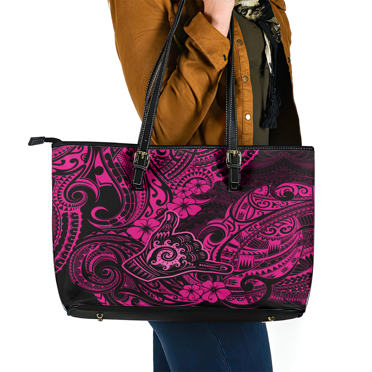 Hawaii Shaka Sign Leather Tote Bag With Polynesian Hibiscus Pink Unique - Wonder Print Shop