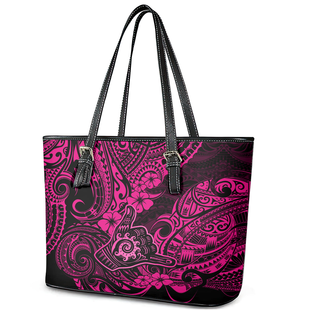 Hawaii Shaka Sign Leather Tote Bag With Polynesian Hibiscus Pink Unique - Wonder Print Shop