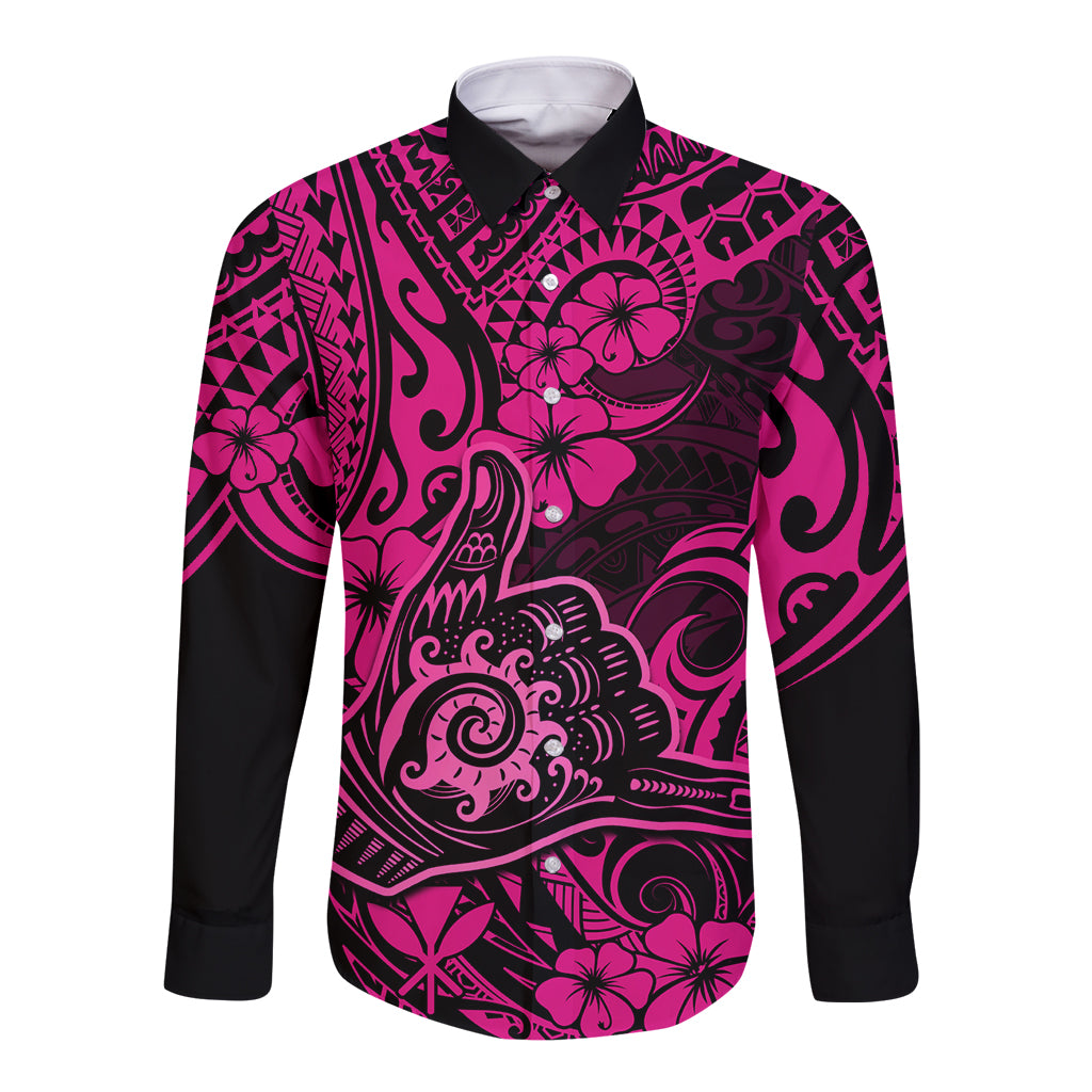 Hawaii Shaka Sign Long Sleeve Button Shirt With Polynesian Hibiscus Pink Unique - Wonder Print Shop