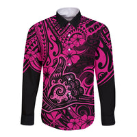 Hawaii Shaka Sign Long Sleeve Button Shirt With Polynesian Hibiscus Pink Unique - Wonder Print Shop