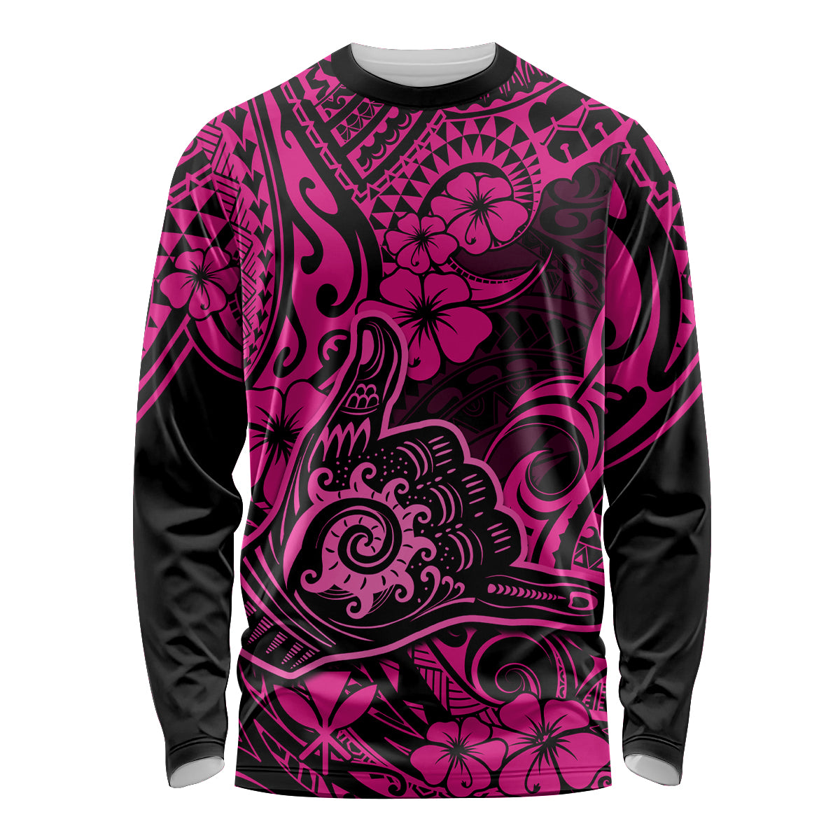 Hawaii Shaka Sign Long Sleeve Shirt With Polynesian Hibiscus Pink Unique - Wonder Print Shop