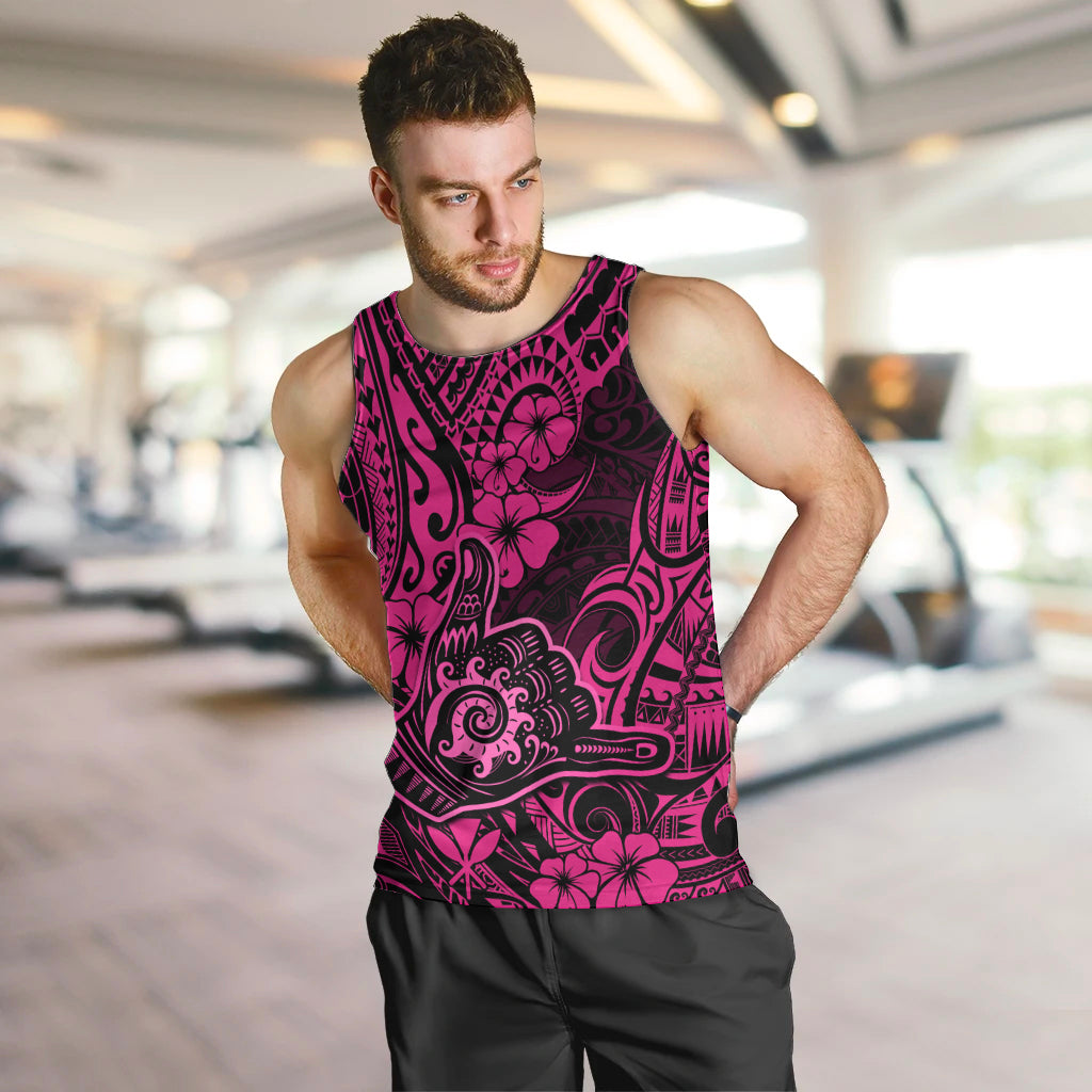 Hawaii Shaka Sign Men Tank Top With Polynesian Hibiscus Pink Unique - Wonder Print Shop