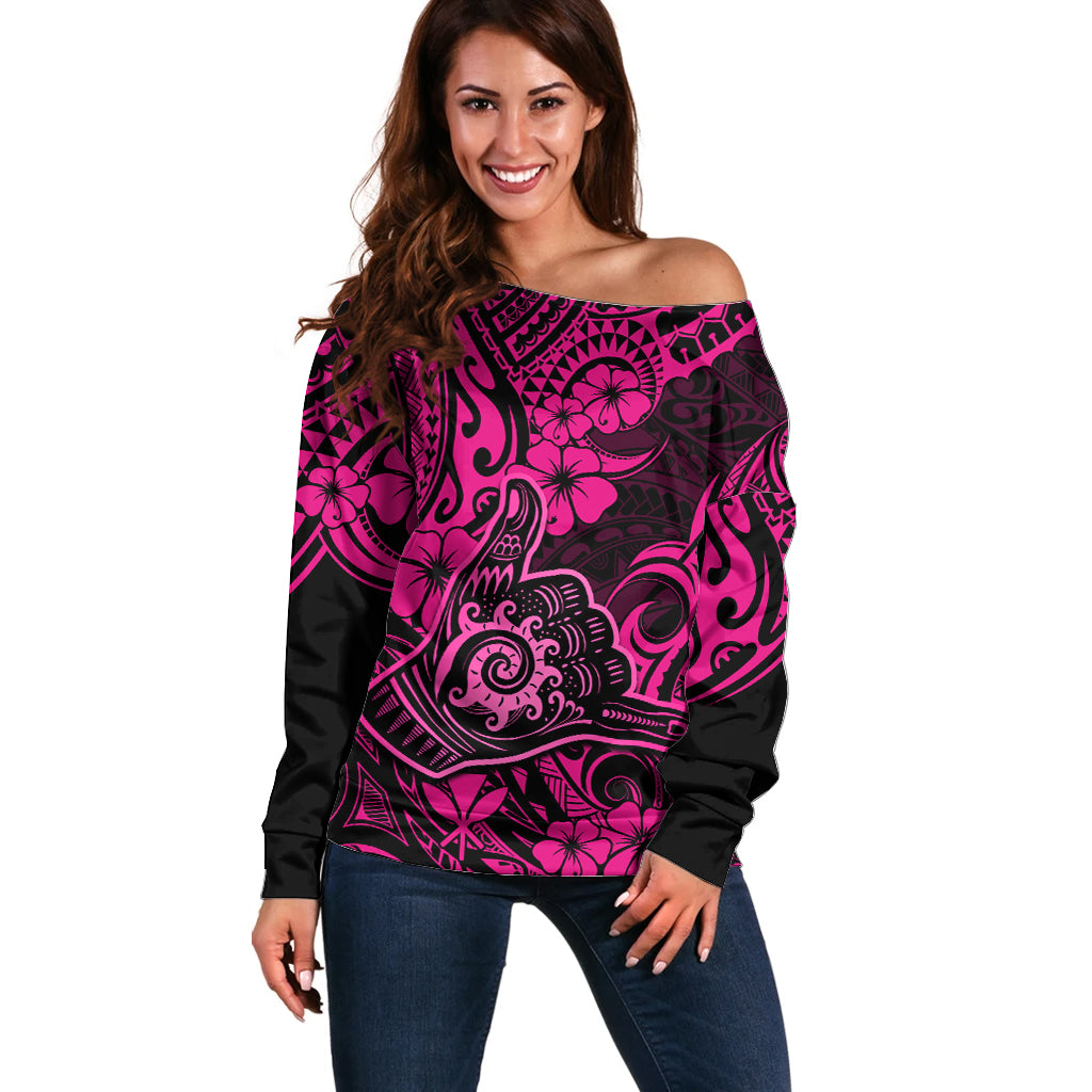Hawaii Shaka Sign Off Shoulder Sweater With Polynesian Hibiscus Pink Unique - Wonder Print Shop