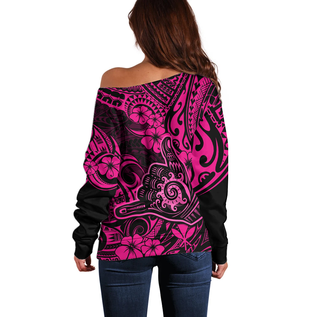 Hawaii Shaka Sign Off Shoulder Sweater With Polynesian Hibiscus Pink Unique - Wonder Print Shop