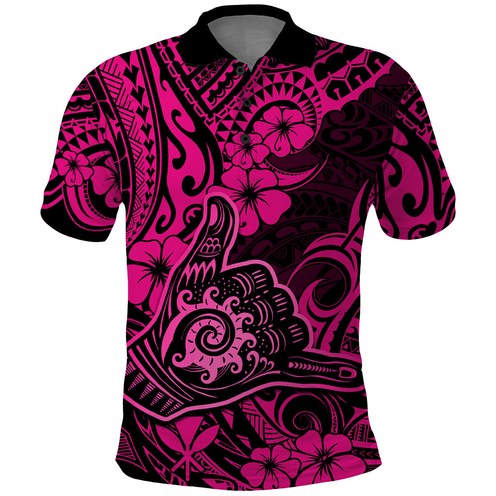 Hawaii Shaka Sign Polo Shirt With Polynesian Hibiscus Pink Unique - Wonder Print Shop
