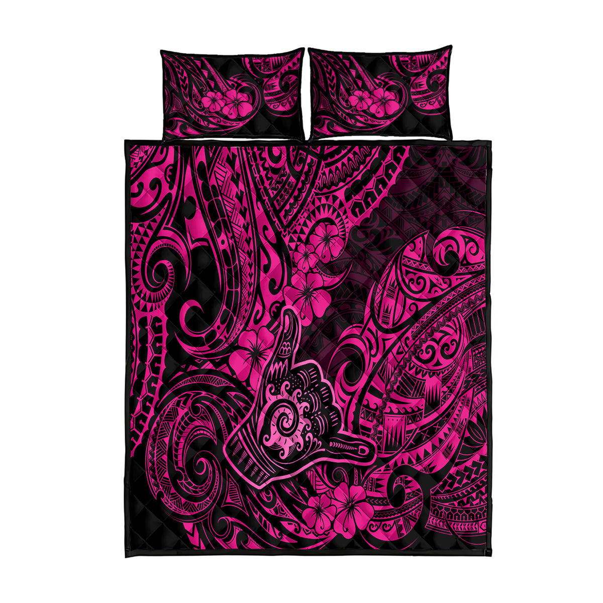 Hawaii Shaka Sign Quilt Bed Set With Polynesian Hibiscus Pink Unique - Wonder Print Shop