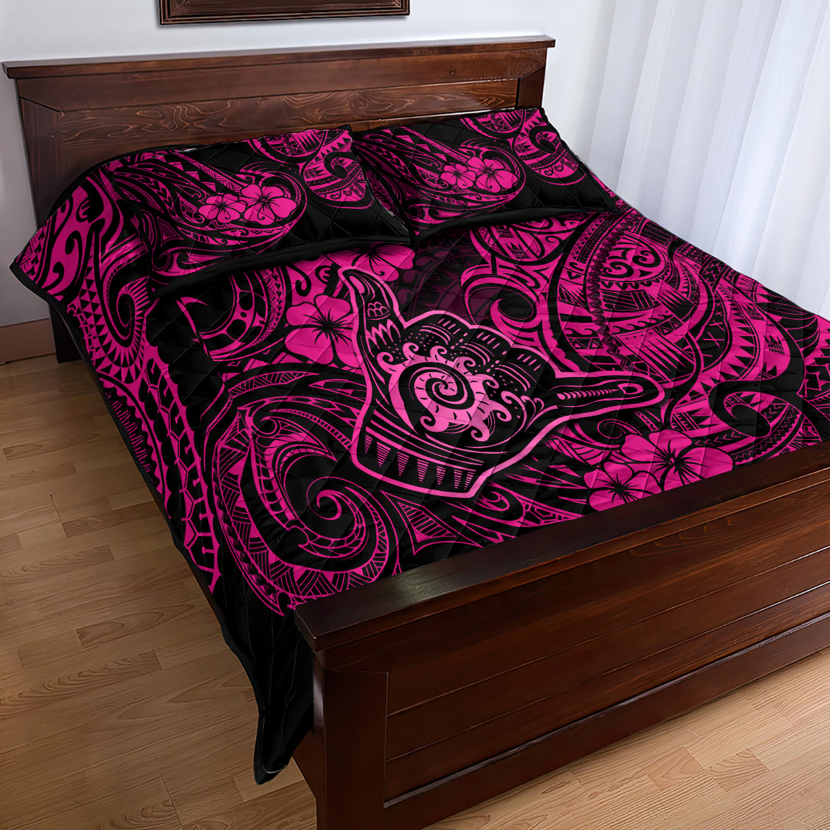 Hawaii Shaka Sign Quilt Bed Set With Polynesian Hibiscus Pink Unique - Wonder Print Shop