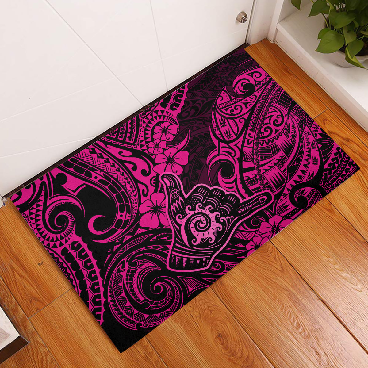 Hawaii Shaka Sign Rubber Doormat With Polynesian Hibiscus Pink Unique - Wonder Print Shop