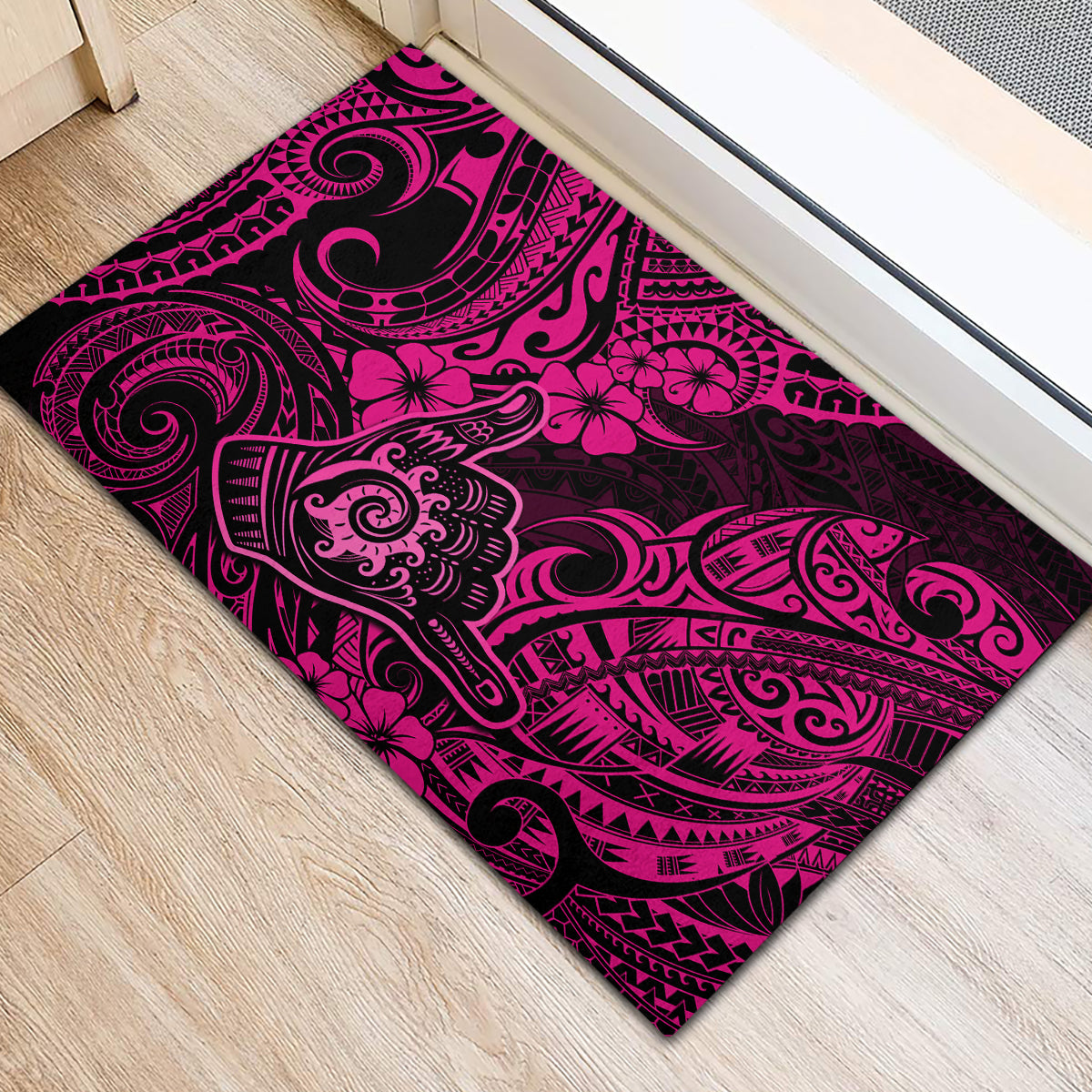Hawaii Shaka Sign Rubber Doormat With Polynesian Hibiscus Pink Unique - Wonder Print Shop