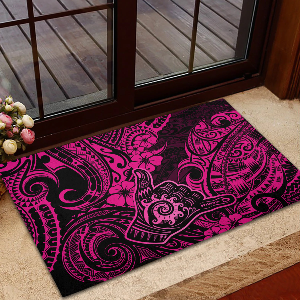 Hawaii Shaka Sign Rubber Doormat With Polynesian Hibiscus Pink Unique - Wonder Print Shop