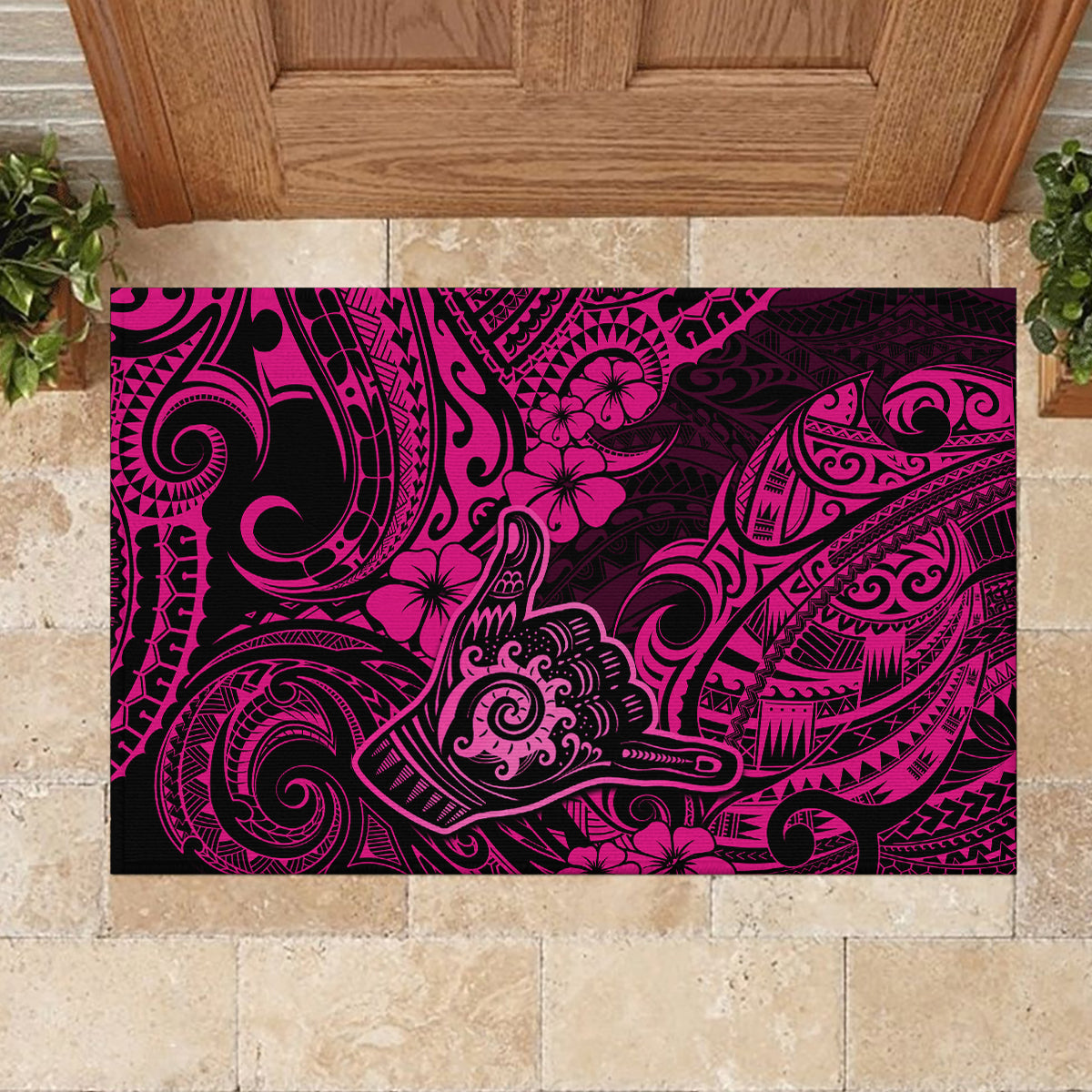 Hawaii Shaka Sign Rubber Doormat With Polynesian Hibiscus Pink Unique - Wonder Print Shop
