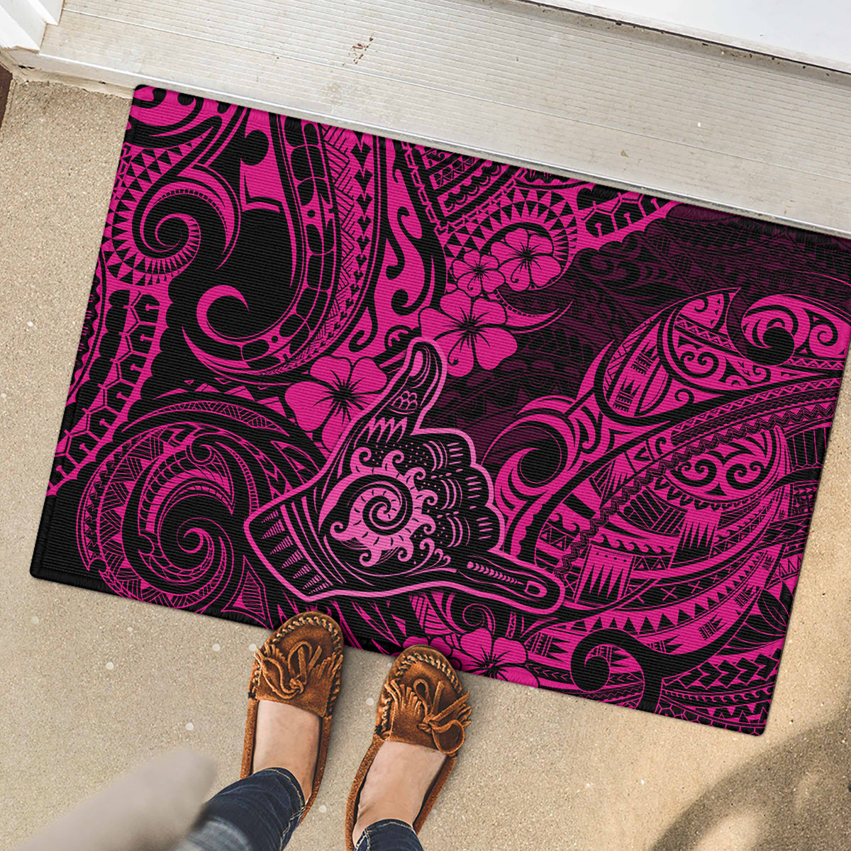 Hawaii Shaka Sign Rubber Doormat With Polynesian Hibiscus Pink Unique - Wonder Print Shop