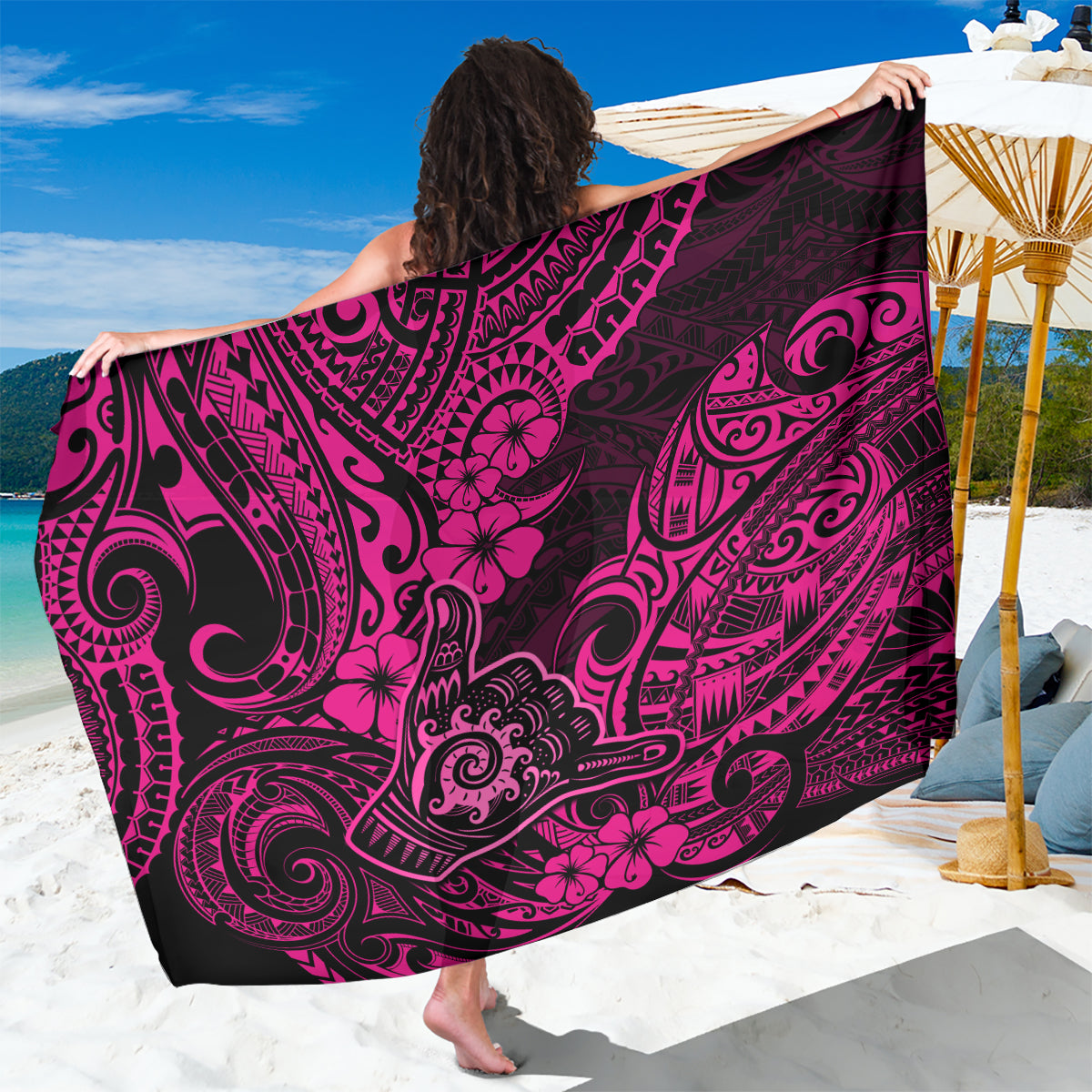 Hawaii Shaka Sign Sarong With Polynesian Hibiscus Pink Unique - Wonder Print Shop