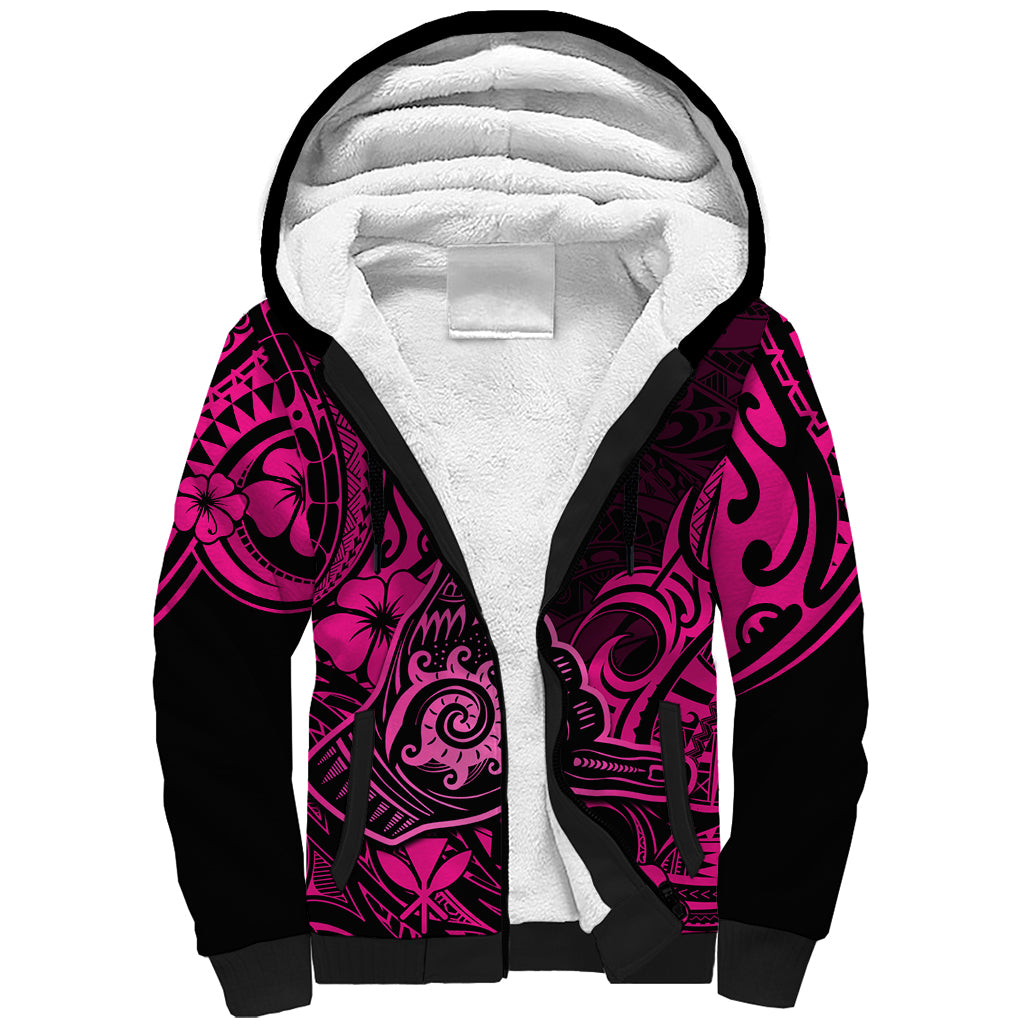 Hawaii Shaka Sign Sherpa Hoodie With Polynesian Hibiscus Pink Unique - Wonder Print Shop
