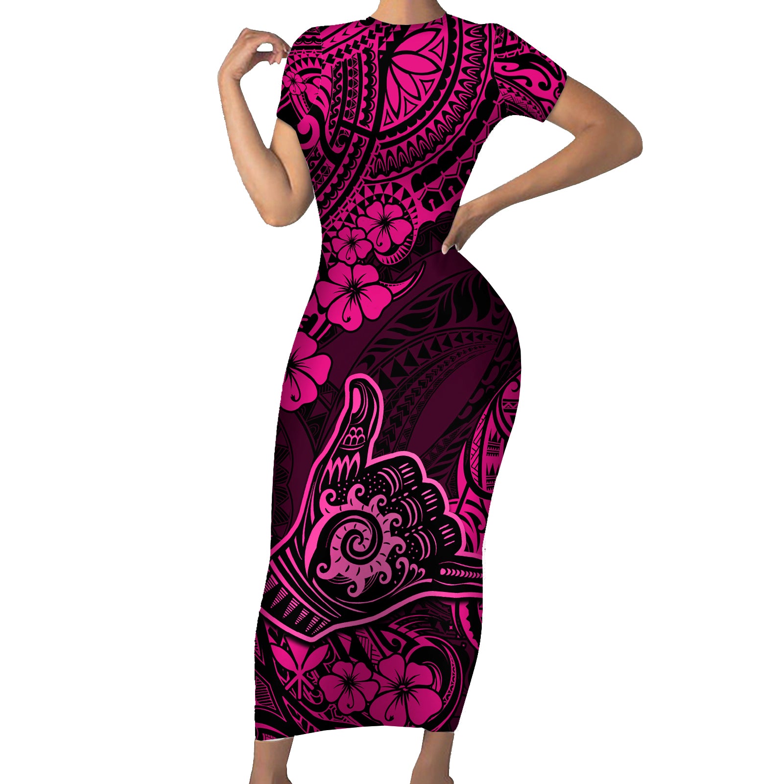 Hawaii Shaka Sign Short Sleeve Bodycon Dress With Polynesian Hibiscus Pink Unique - Wonder Print Shop