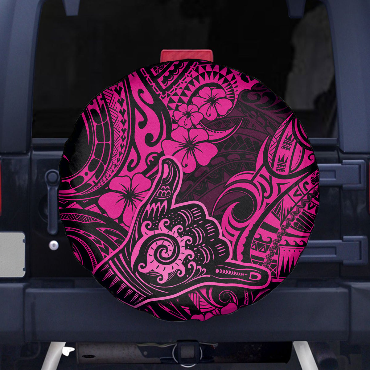 Hawaii Shaka Sign Spare Tire Cover With Polynesian Hibiscus Pink Unique - Wonder Print Shop