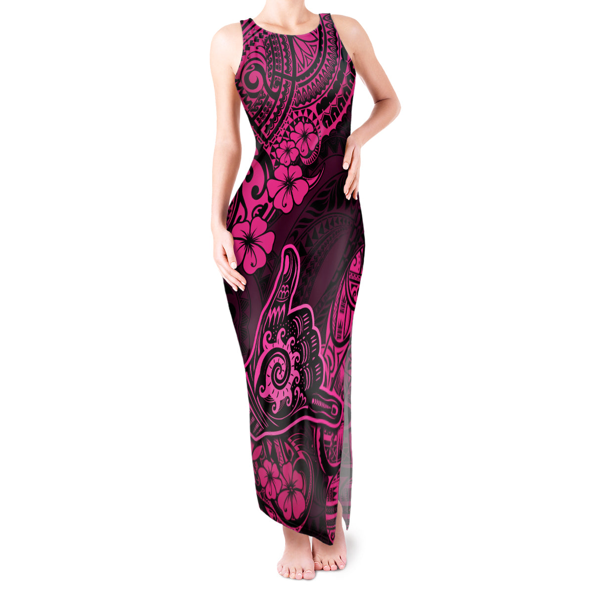 Hawaii Shaka Sign Tank Maxi Dress With Polynesian Hibiscus Pink Unique - Wonder Print Shop