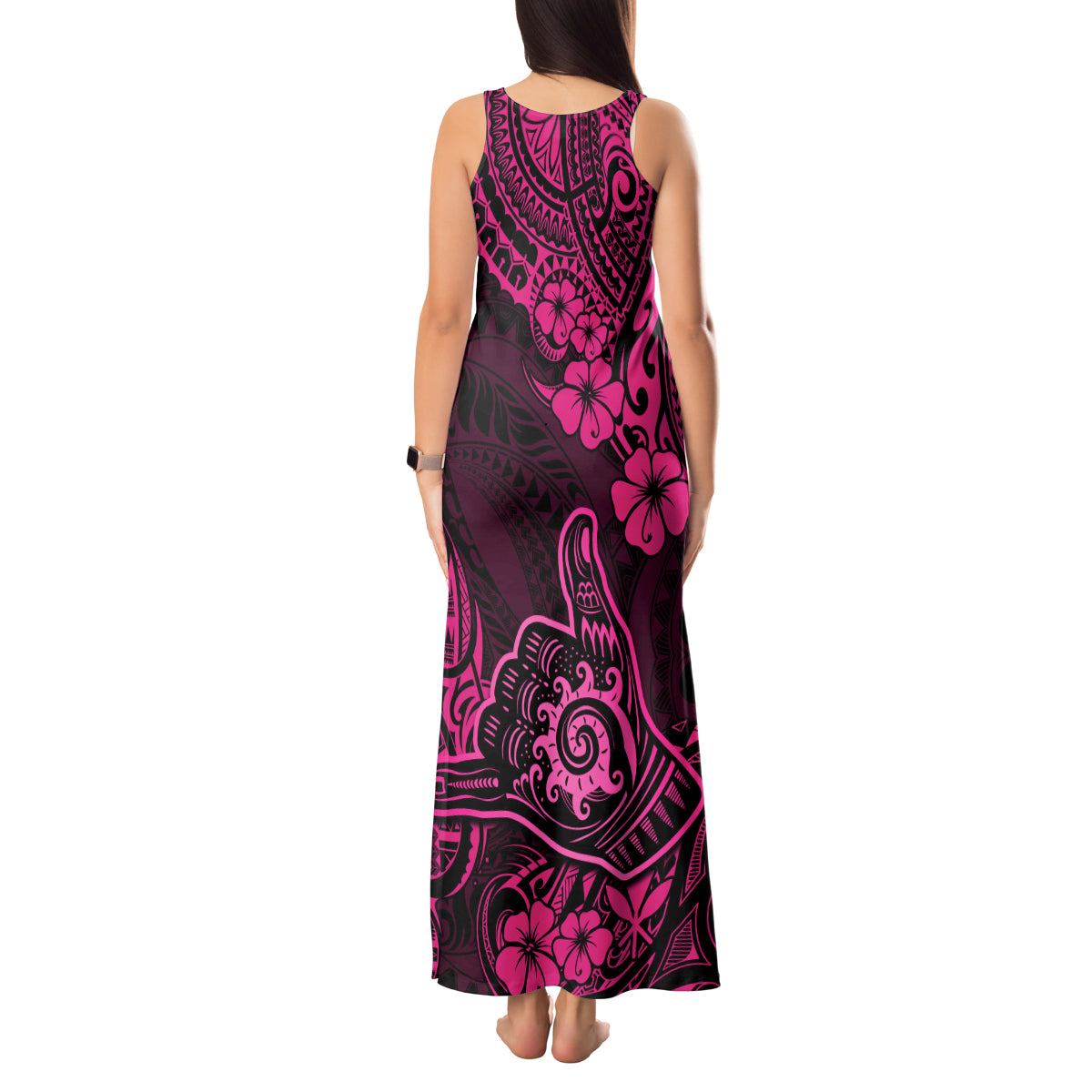Hawaii Shaka Sign Tank Maxi Dress With Polynesian Hibiscus Pink Unique - Wonder Print Shop