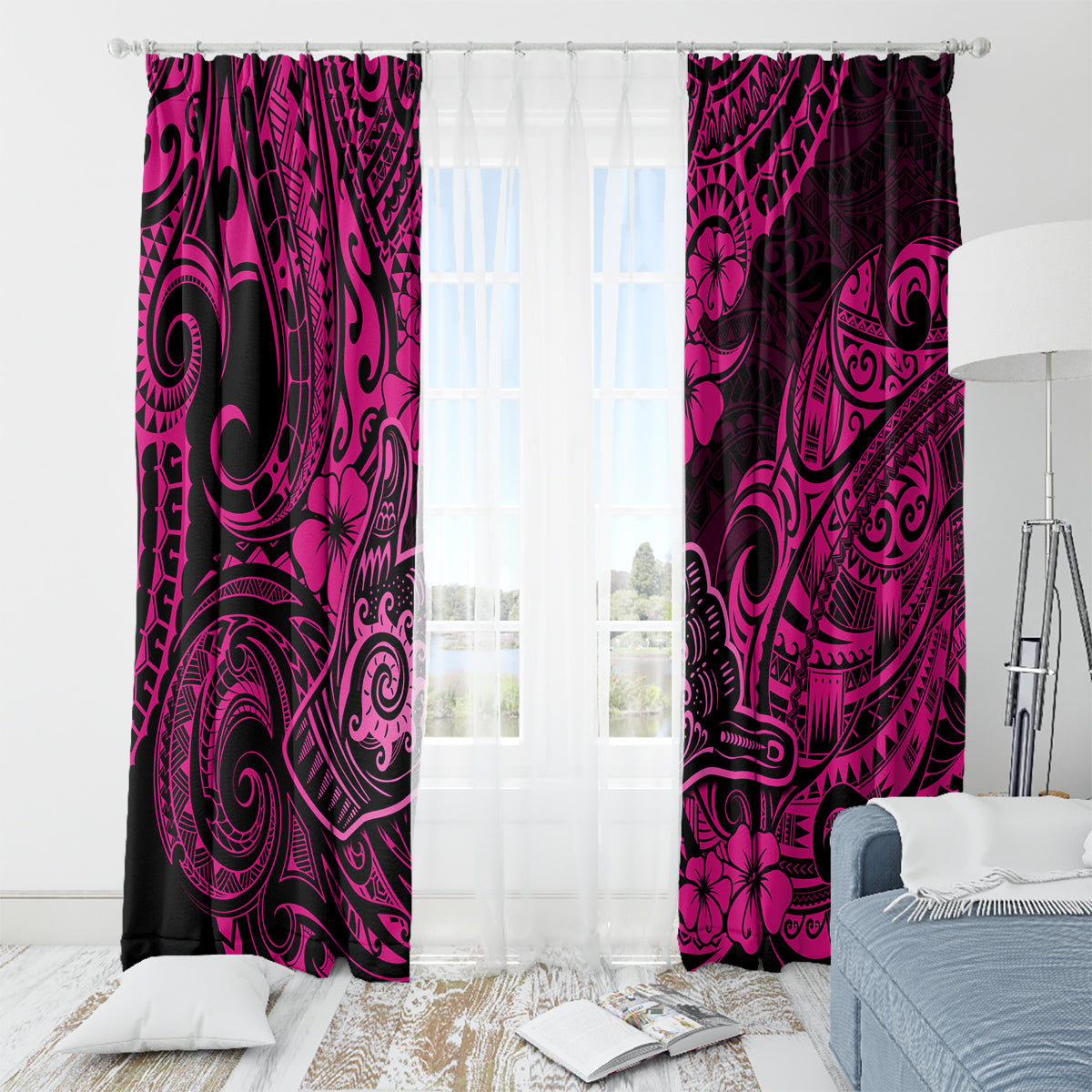 Hawaii Shaka Sign Window Curtain With Polynesian Hibiscus Pink Unique - Wonder Print Shop