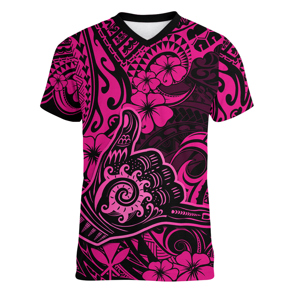 Hawaii Shaka Sign Women V Neck T Shirt With Polynesian Hibiscus Pink Unique - Wonder Print Shop