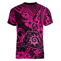 Hawaii Shaka Sign Women V Neck T Shirt With Polynesian Hibiscus Pink Unique - Wonder Print Shop