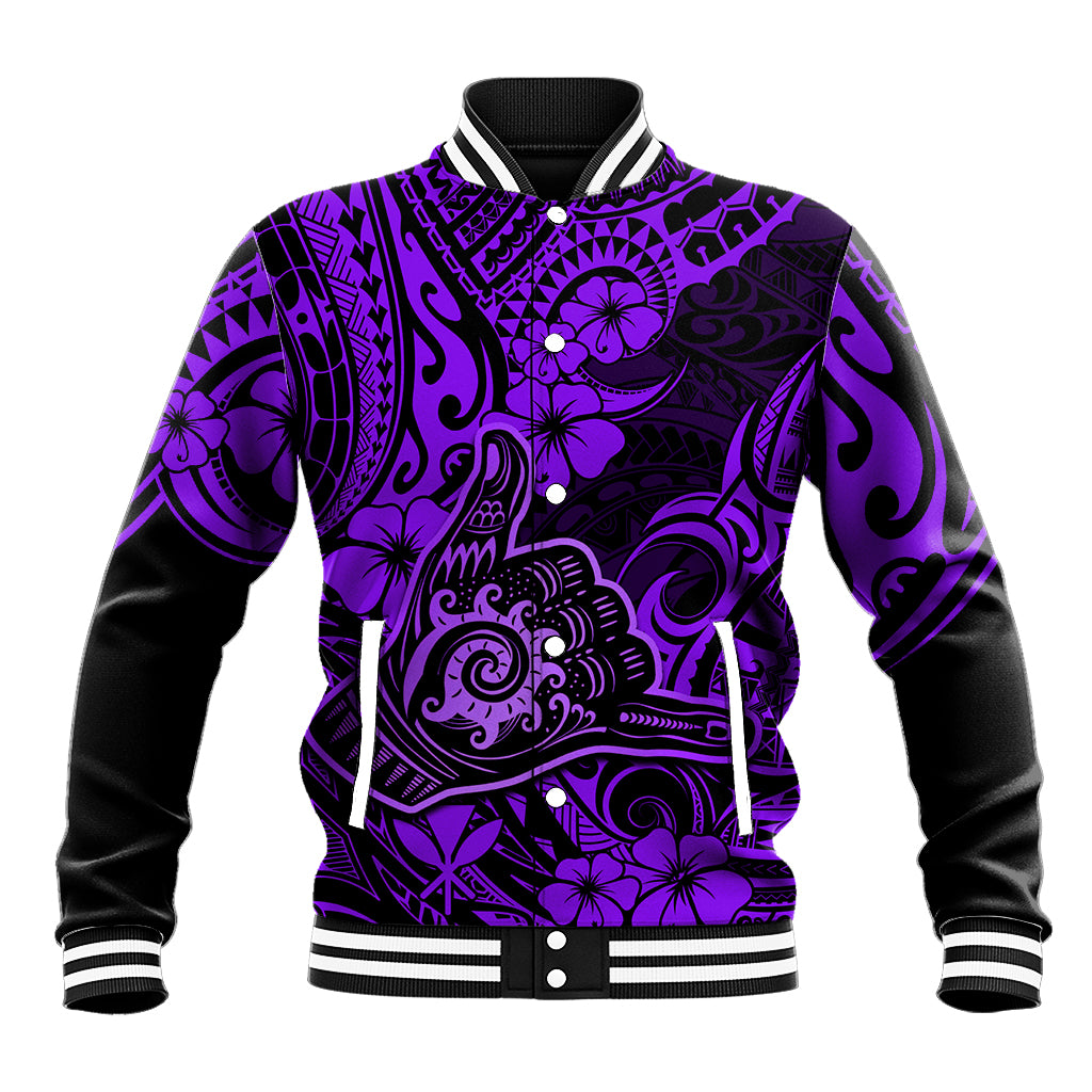 Hawaii Shaka Sign Baseball Jacket Polynesian Pattern Purple Version - Wonder Print Shop