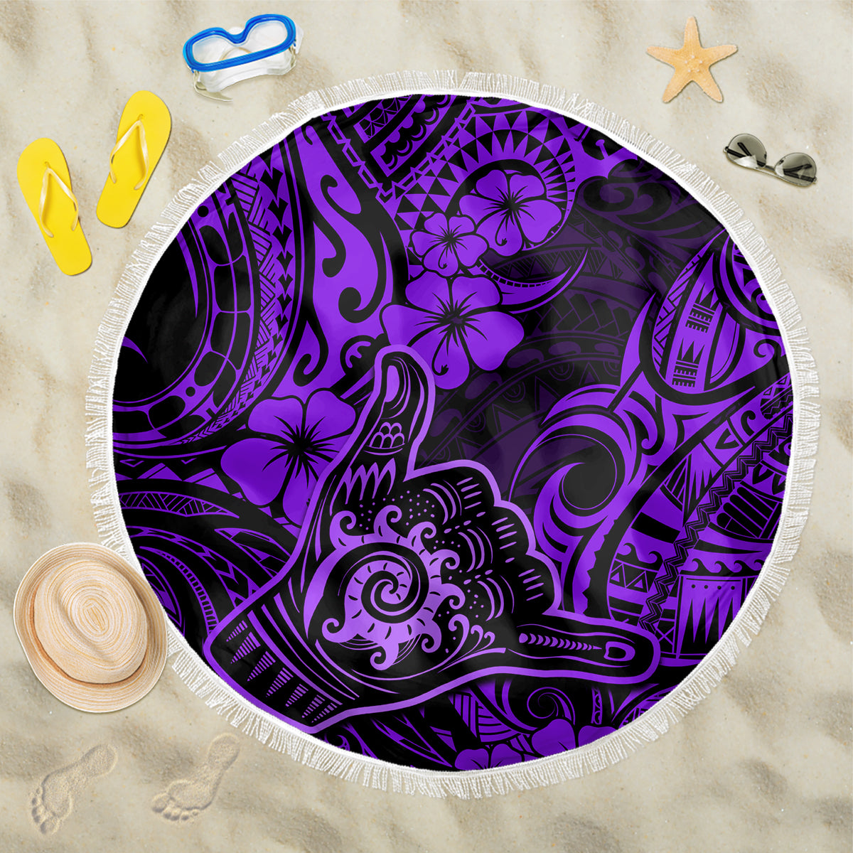 Hawaii Shaka Sign Beach Blanket Polynesian Pattern Purple Version - Wonder Print Shop