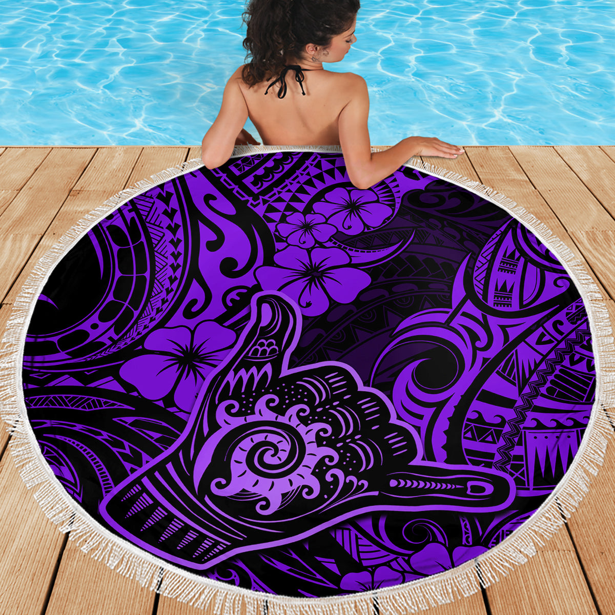 Hawaii Shaka Sign Beach Blanket Polynesian Pattern Purple Version - Wonder Print Shop