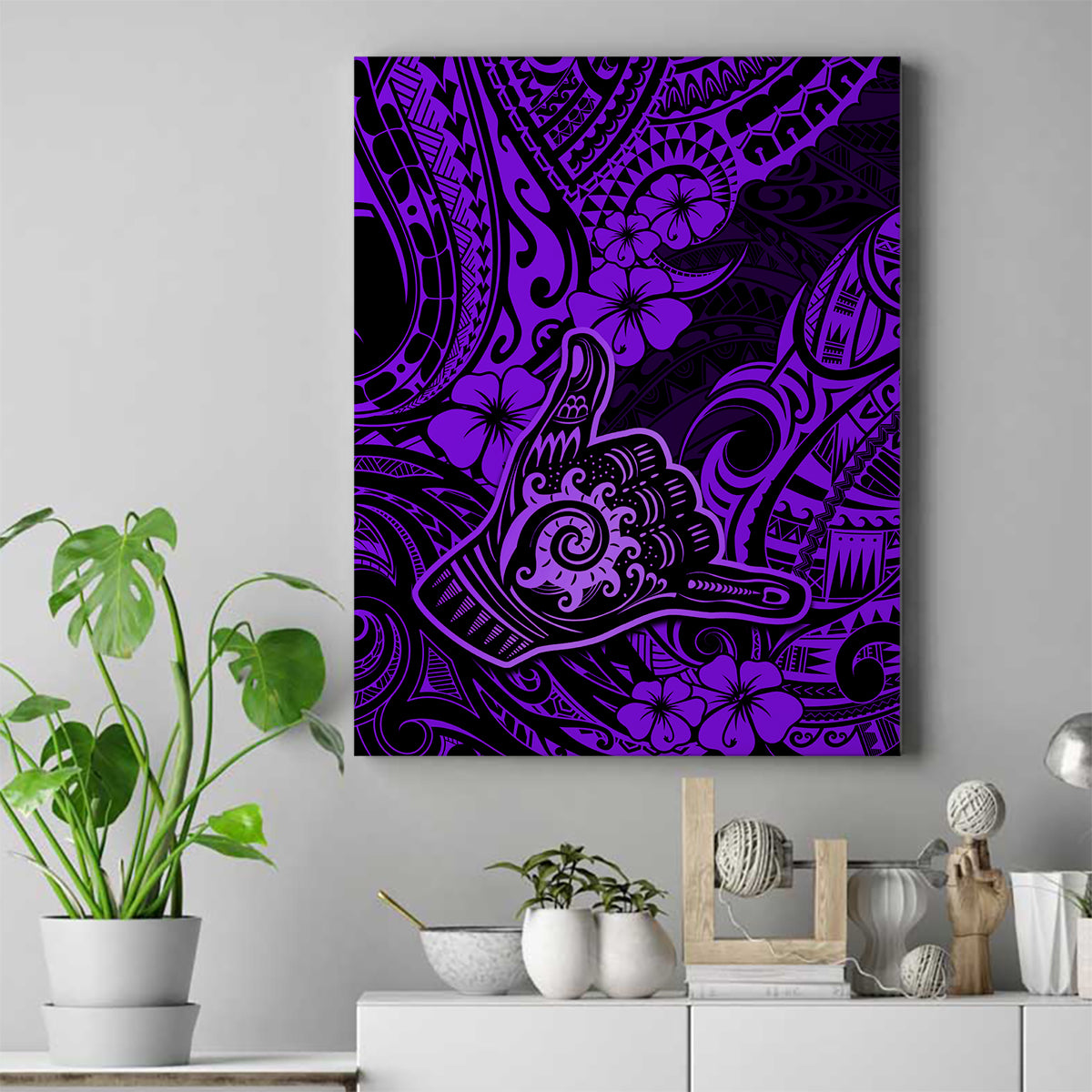 Hawaii Shaka Sign Canvas Wall Art Polynesian Pattern Purple Version - Wonder Print Shop
