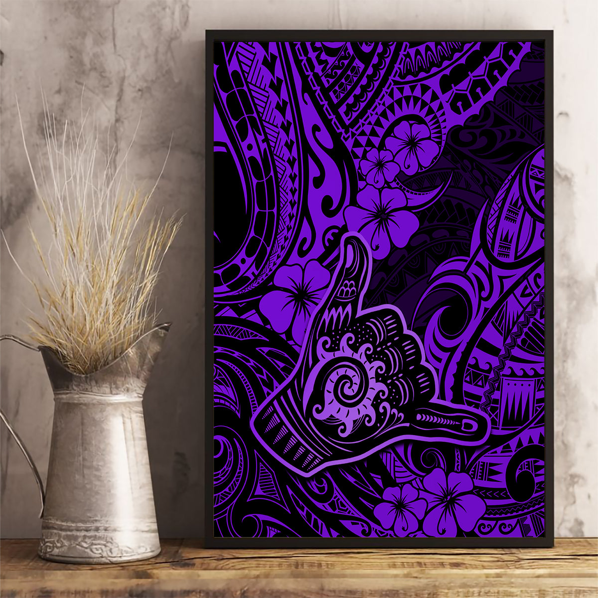 Hawaii Shaka Sign Canvas Wall Art Polynesian Pattern Purple Version - Wonder Print Shop