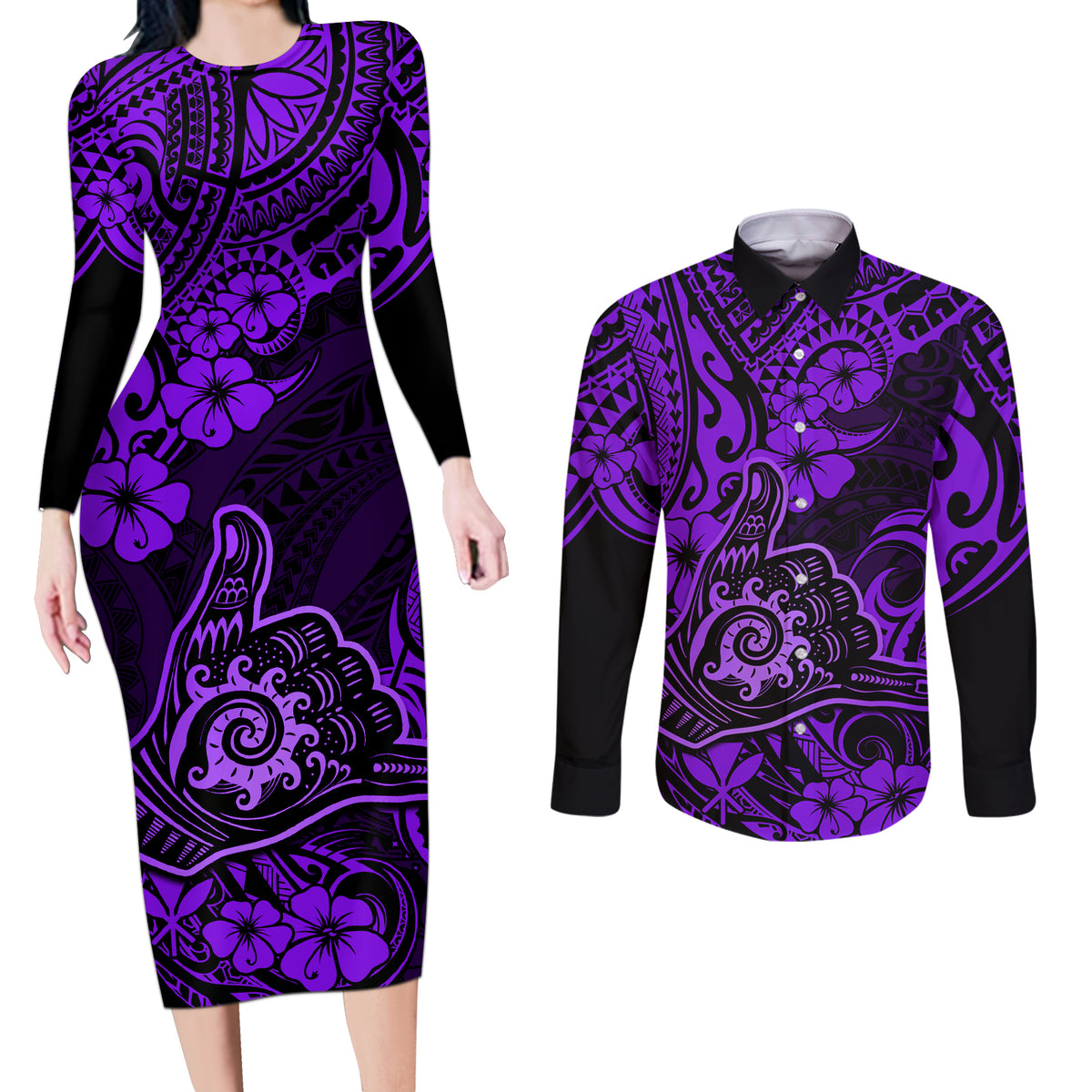 Hawaii Shaka Sign Couples Matching Long Sleeve Bodycon Dress and Long Sleeve Button Shirts Polynesian Pattern Purple Version - Wonder Print Shop