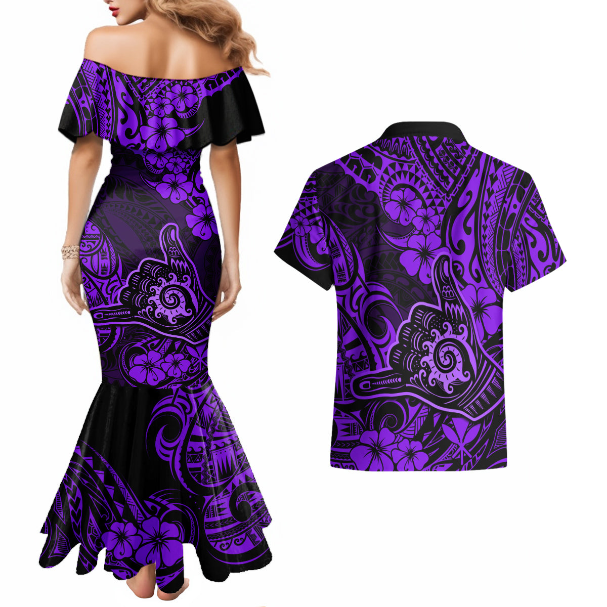 Hawaii Shaka Sign Couples Matching Mermaid Dress and Hawaiian Shirt Polynesian Pattern Purple Version - Wonder Print Shop