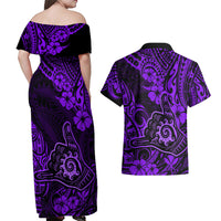 Hawaii Shaka Sign Couples Matching Off Shoulder Maxi Dress and Hawaiian Shirt Polynesian Pattern Purple Version - Wonder Print Shop