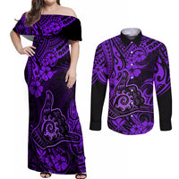 Hawaii Shaka Sign Couples Matching Off Shoulder Maxi Dress and Long Sleeve Button Shirts Polynesian Pattern Purple Version - Wonder Print Shop