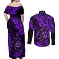 Hawaii Shaka Sign Couples Matching Off Shoulder Maxi Dress and Long Sleeve Button Shirts Polynesian Pattern Purple Version - Wonder Print Shop
