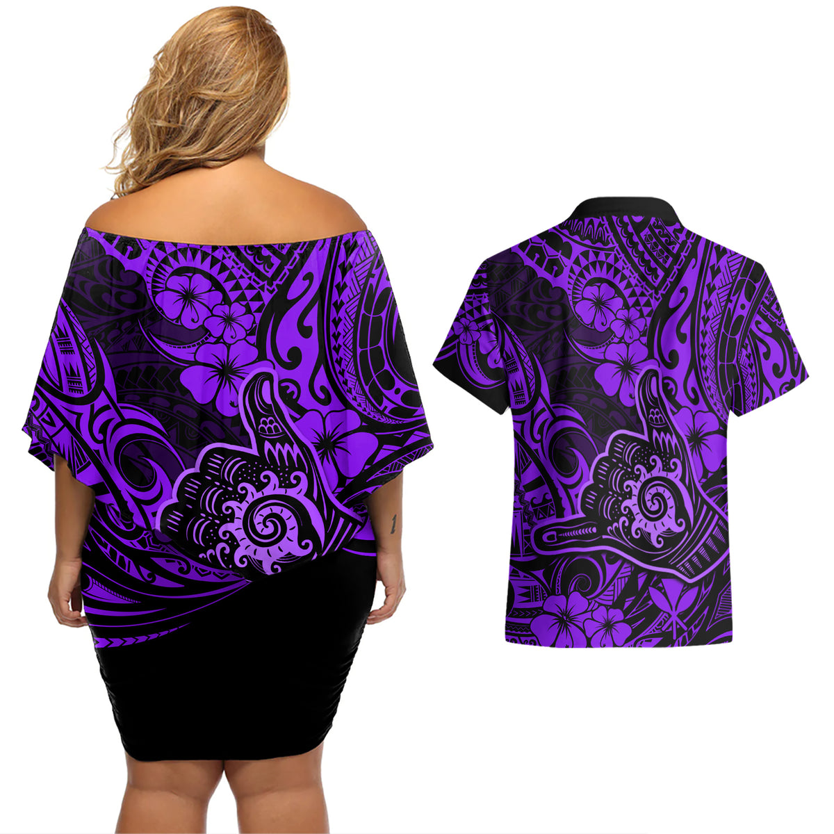 Hawaii Shaka Sign Couples Matching Off Shoulder Short Dress and Hawaiian Shirt Polynesian Pattern Purple Version - Wonder Print Shop