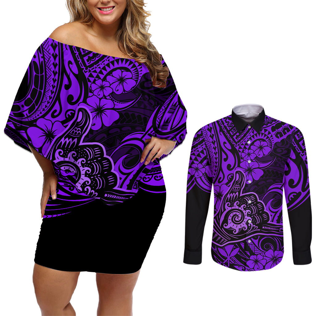 Hawaii Shaka Sign Couples Matching Off Shoulder Short Dress and Long Sleeve Button Shirts Polynesian Pattern Purple Version - Wonder Print Shop