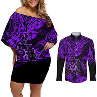 Hawaii Shaka Sign Couples Matching Off Shoulder Short Dress and Long Sleeve Button Shirts Polynesian Pattern Purple Version - Wonder Print Shop