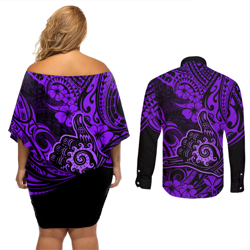 Hawaii Shaka Sign Couples Matching Off Shoulder Short Dress and Long Sleeve Button Shirts Polynesian Pattern Purple Version - Wonder Print Shop