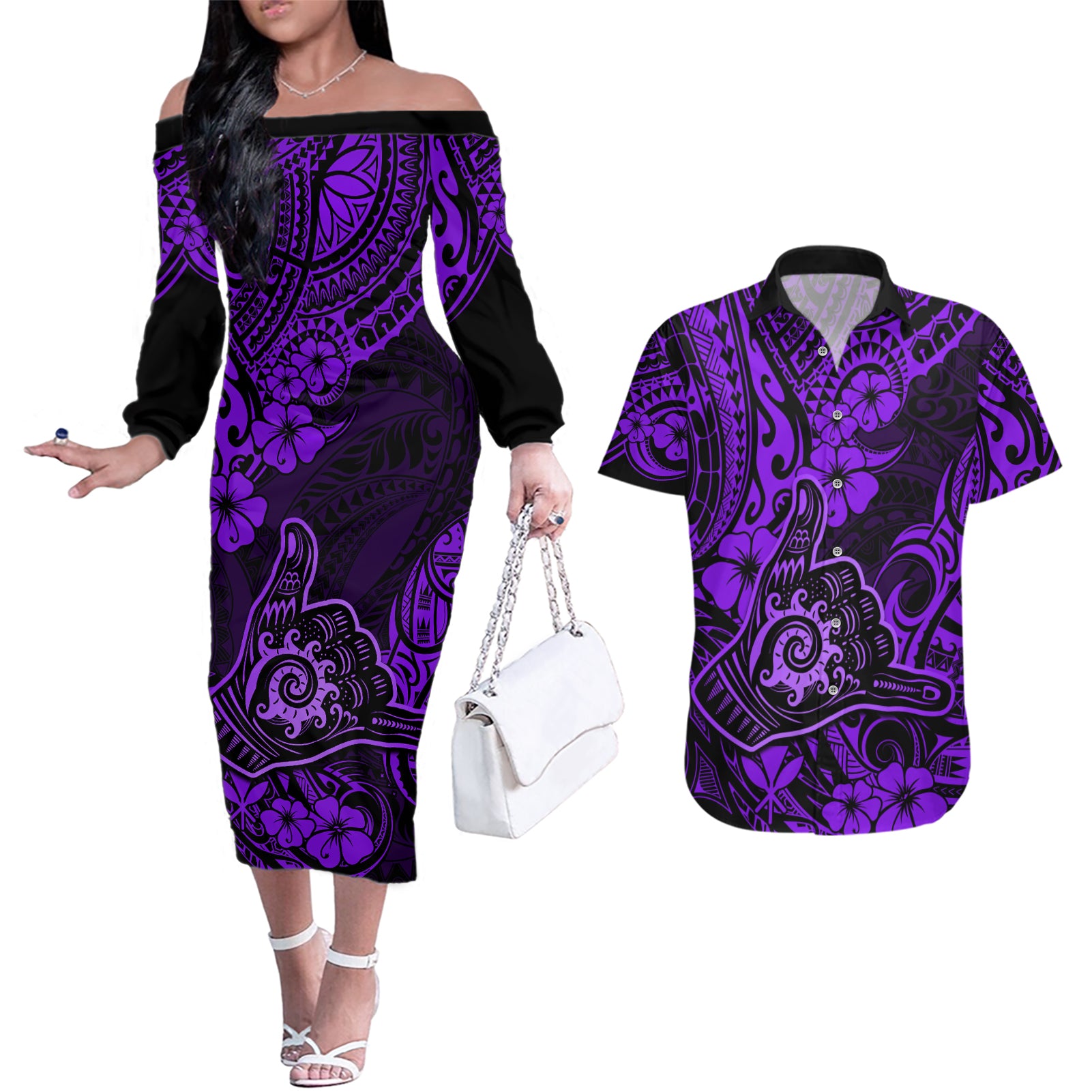 Hawaii Shaka Sign Couples Matching Off The Shoulder Long Sleeve Dress and Hawaiian Shirt Polynesian Pattern Purple Version - Wonder Print Shop