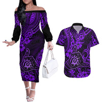 Hawaii Shaka Sign Couples Matching Off The Shoulder Long Sleeve Dress and Hawaiian Shirt Polynesian Pattern Purple Version - Wonder Print Shop
