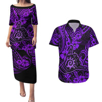 Hawaii Shaka Sign Couples Matching Puletasi Dress and Hawaiian Shirt Polynesian Pattern Purple Version - Wonder Print Shop