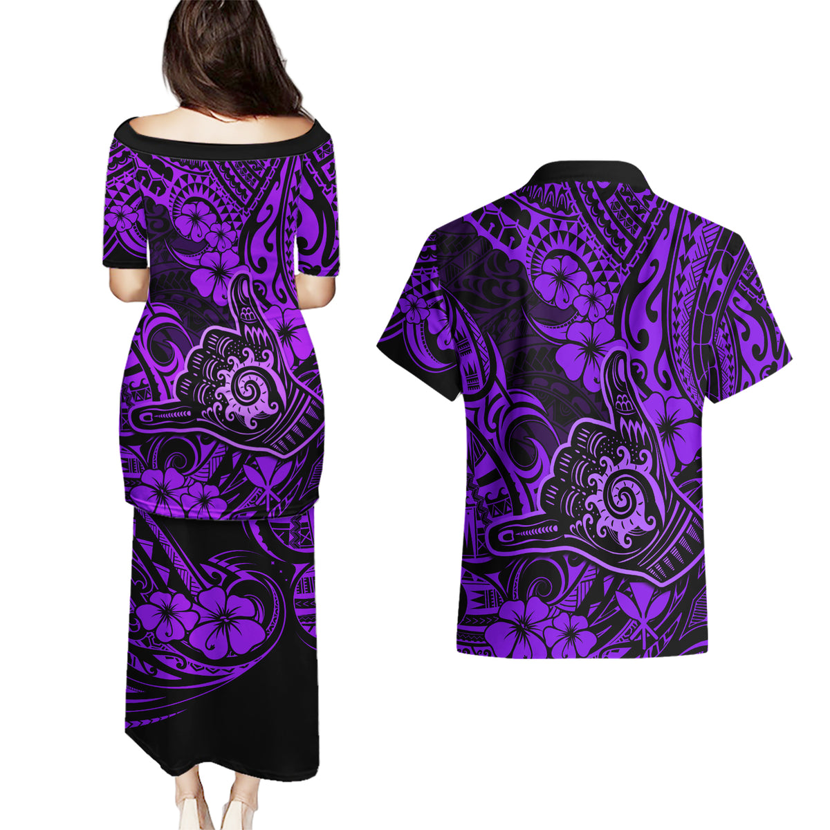 Hawaii Shaka Sign Couples Matching Puletasi Dress and Hawaiian Shirt Polynesian Pattern Purple Version - Wonder Print Shop