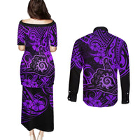 Hawaii Shaka Sign Couples Matching Puletasi Dress and Long Sleeve Button Shirts Polynesian Pattern Purple Version - Wonder Print Shop