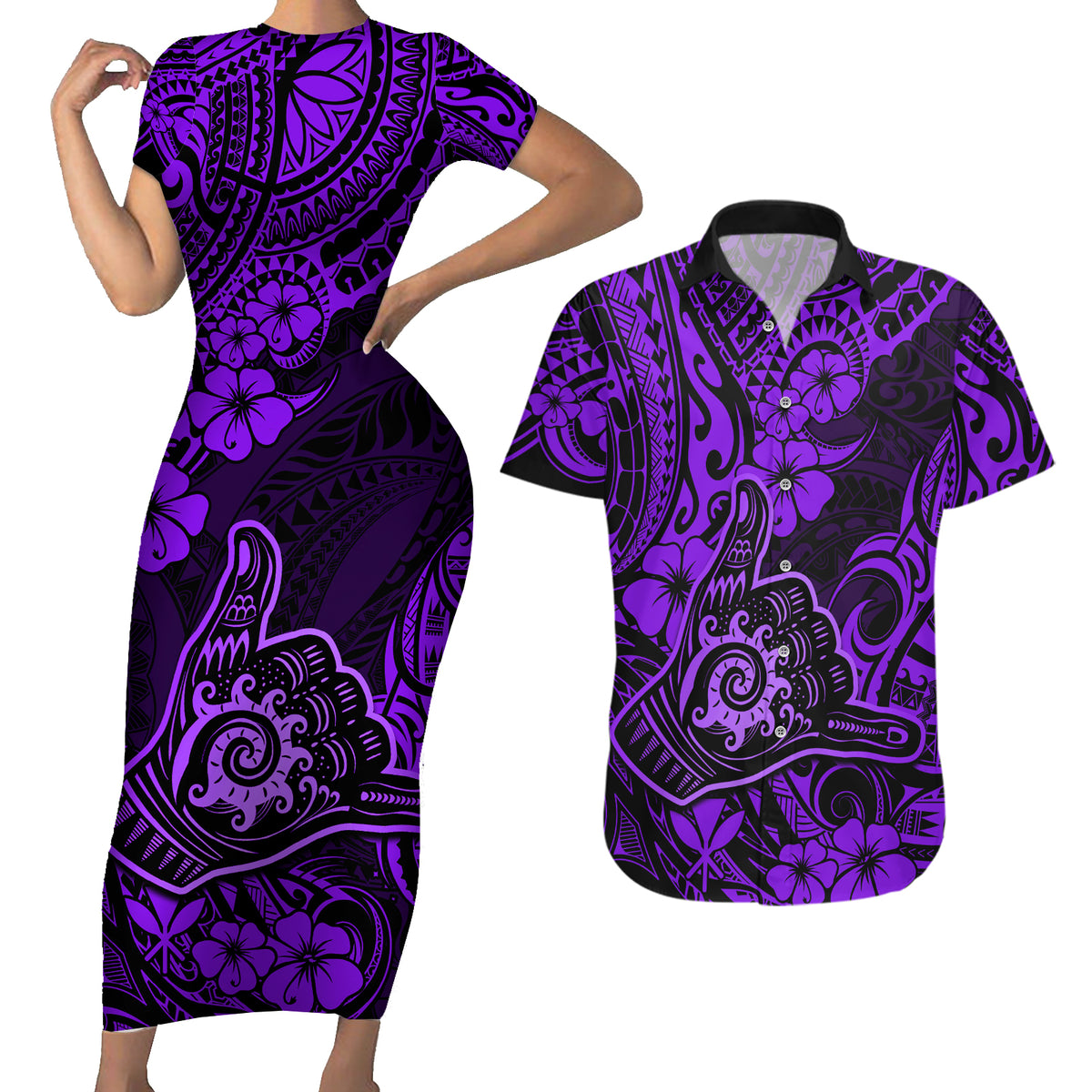 Hawaii Shaka Sign Couples Matching Short Sleeve Bodycon Dress and Hawaiian Shirt Polynesian Pattern Purple Version - Wonder Print Shop