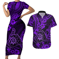 Hawaii Shaka Sign Couples Matching Short Sleeve Bodycon Dress and Hawaiian Shirt Polynesian Pattern Purple Version - Wonder Print Shop