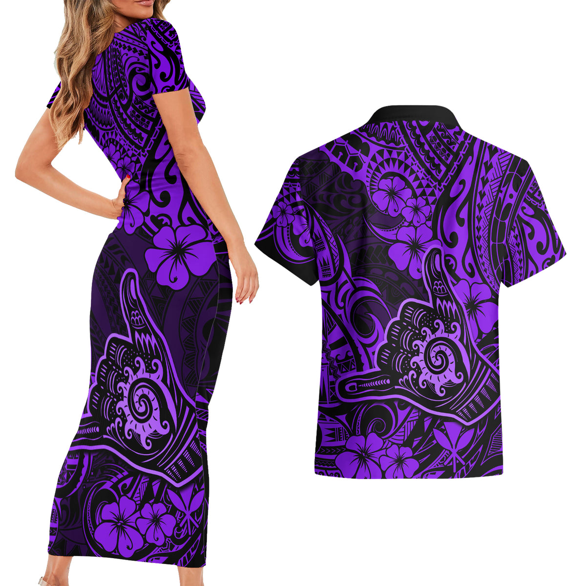 Hawaii Shaka Sign Couples Matching Short Sleeve Bodycon Dress and Hawaiian Shirt Polynesian Pattern Purple Version - Wonder Print Shop